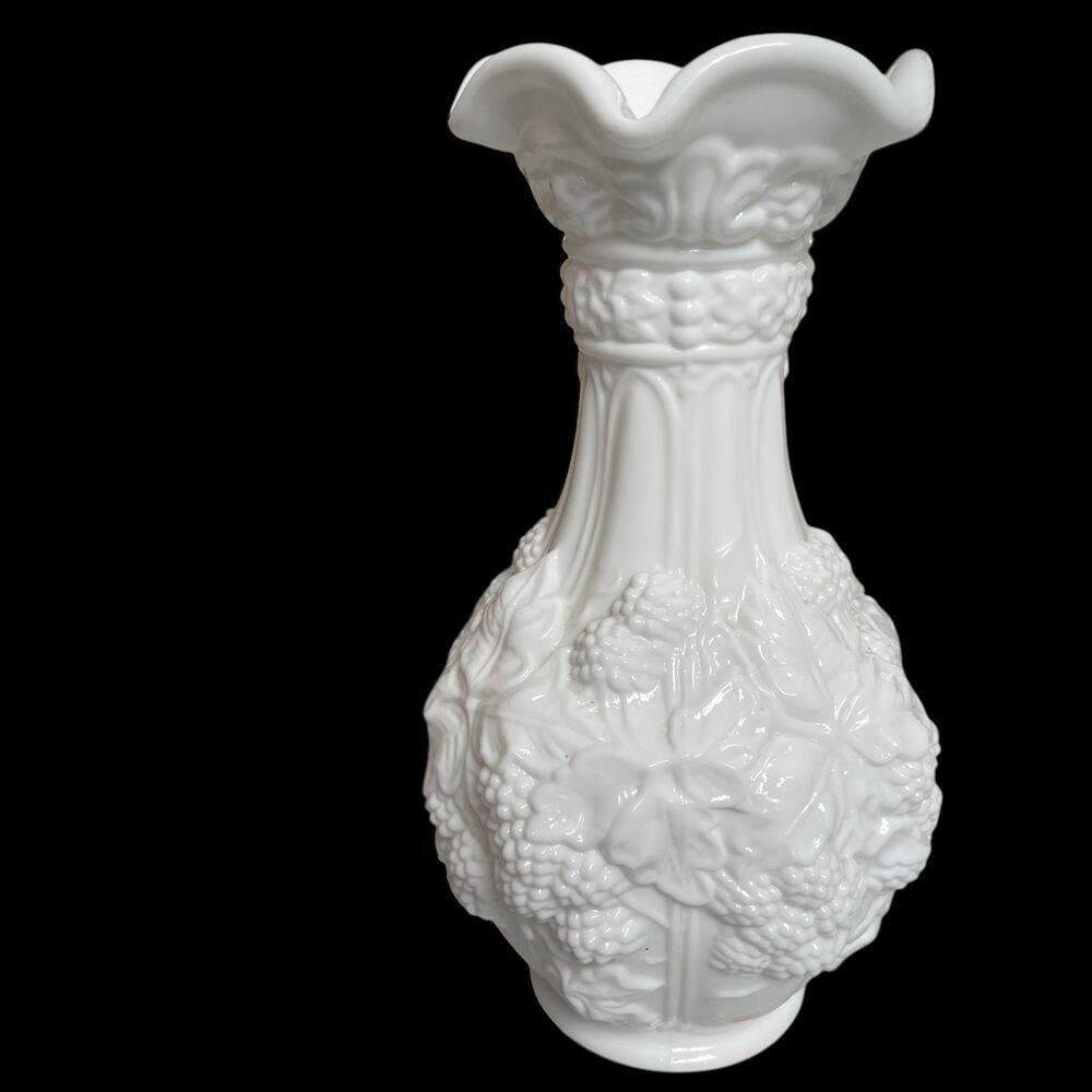 Vintage Imperial Glass Loganberry White Milk Glass Vase 10" Grapes Berries READ